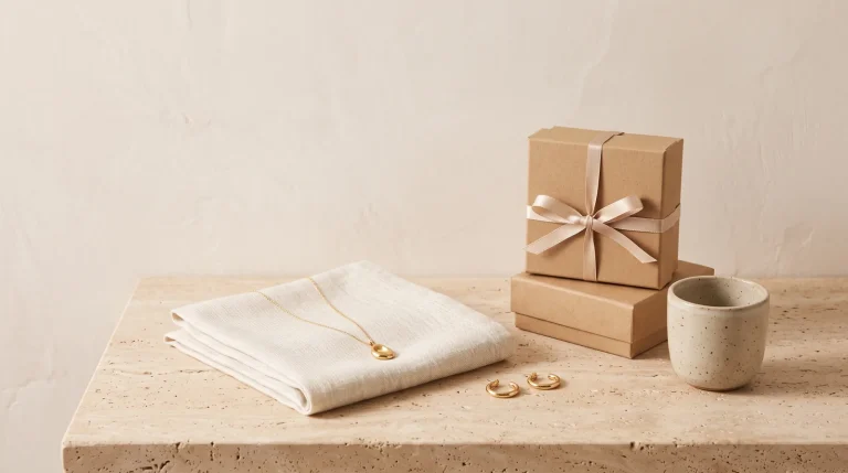 A curated boutique assortment of jewelry, kraft gift boxes, and a ceramic vessel on a stone surface