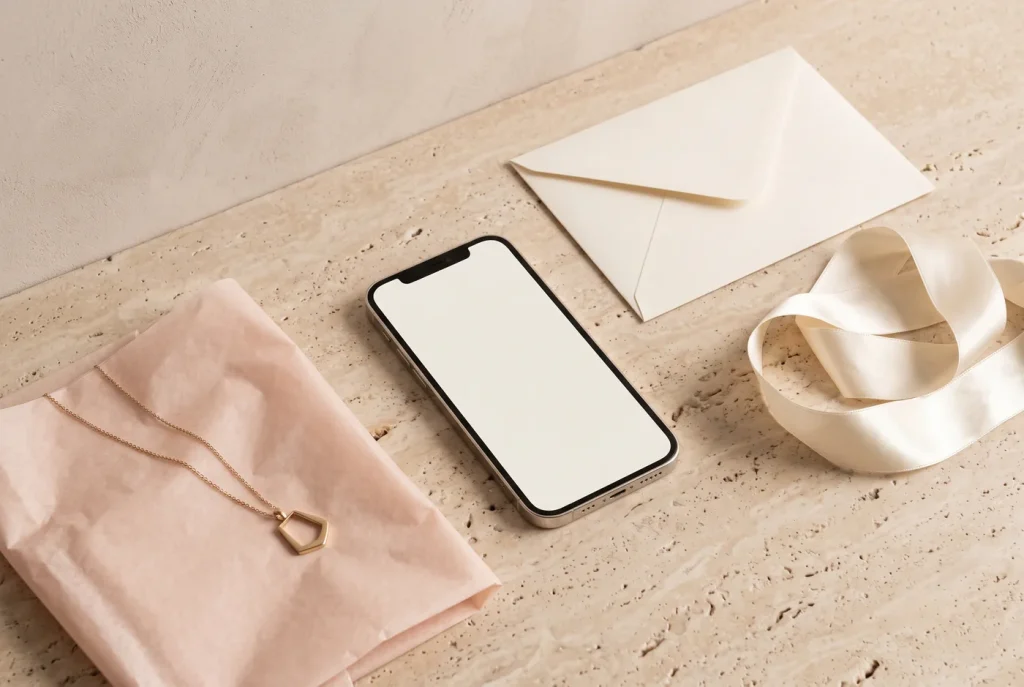 A phone with a blank screen beside a cream envelope, blush tissue paper with a gold necklace, and satin ribbon on travertine
