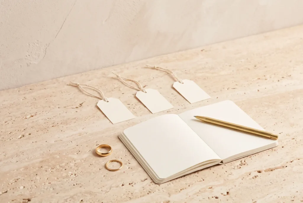An open laptop with a blank screen beside a ceramic dish, a blank card, and a gold necklace on a travertine surface