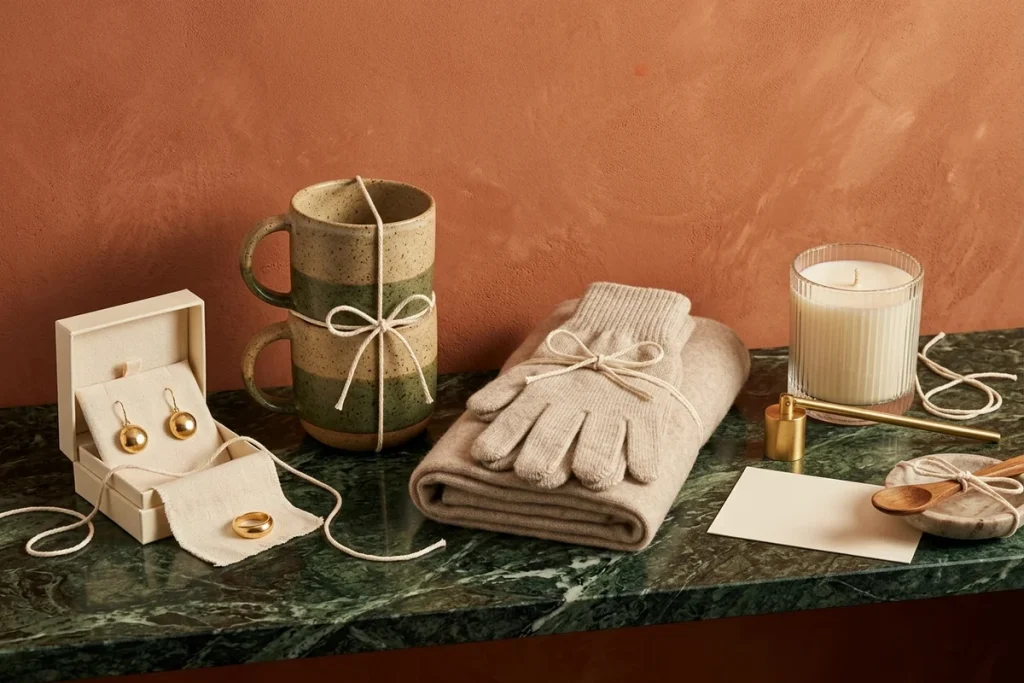 Leftover holiday stock tied into bundles with cotton twine on a green marble ledge against a terracotta wall: gold ball earrings and a ring in an open box, two striped stoneware mugs, knit gloves on a folded throw, a glass candle with a brass snuffer and a marble dish with a wooden spoon