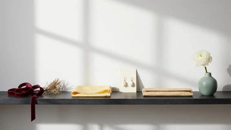 A burgundy velvet ribbon and a dried pine sprig at one end of a dark stone shelf, beside a folded butter-yellow silk scarf, baroque pearl drop earrings on a card, a woven straw clutch and a sage ceramic vase with a white ranunculus, against a white wall with window shadows