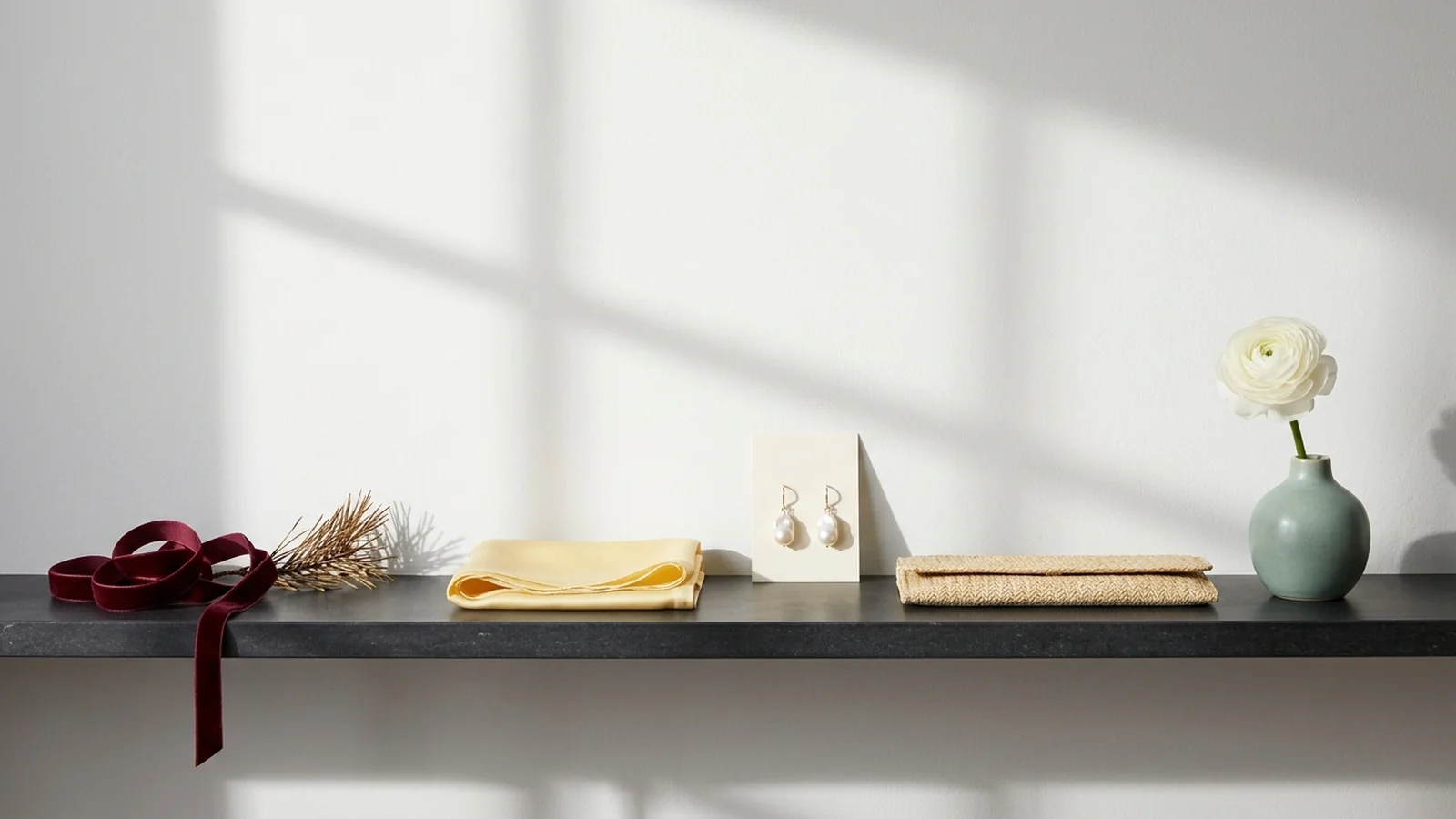 A burgundy velvet ribbon and a dried pine sprig at one end of a dark stone shelf, beside a folded butter-yellow silk scarf, baroque pearl drop earrings on a card, a woven straw clutch and a sage ceramic vase with a white ranunculus, against a white wall with window shadows