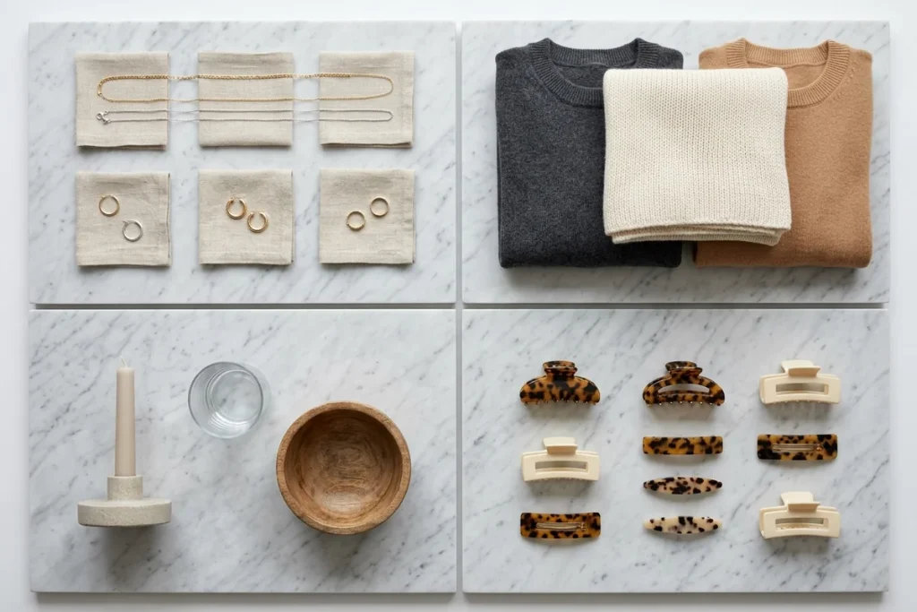 Overhead view of four grey-veined marble slabs sorted by category: gold and silver chains and hoops on linen squares, folded charcoal, cream and camel knitwear, a stone candle holder, glass tumbler and wooden bowl, and tortoiseshell and cream hair clips
