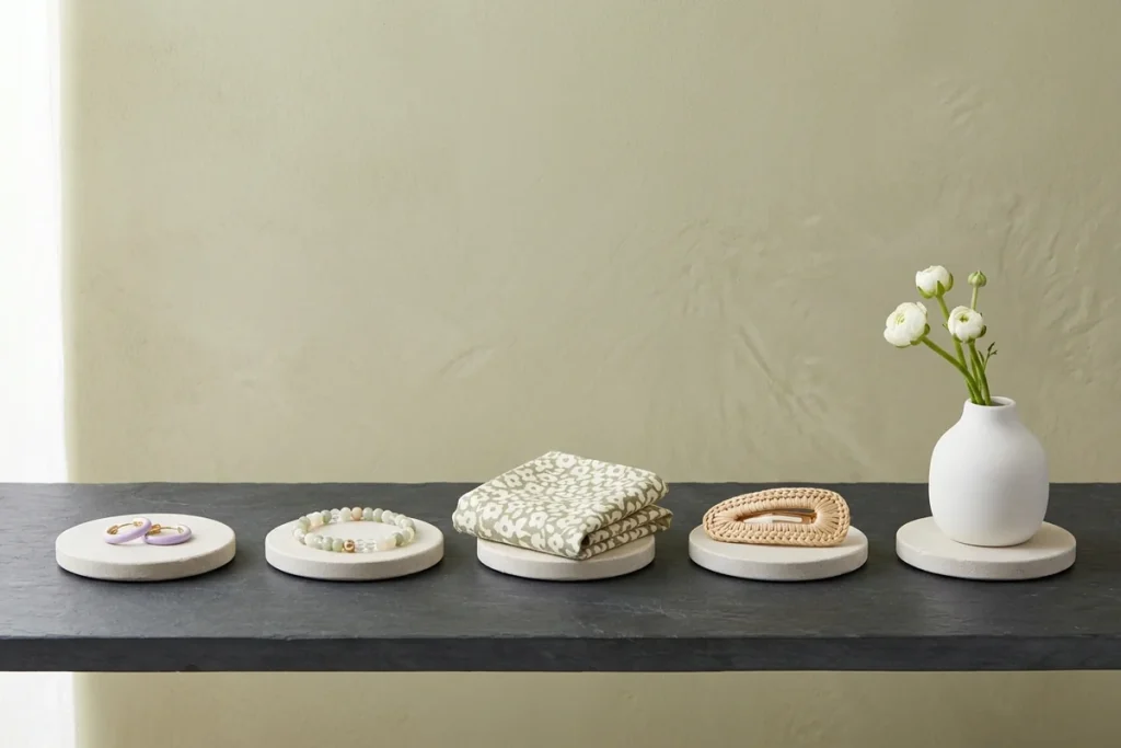 Five spring samples on round stone coasters along a dark slate shelf against a sage wall: lilac enamel hoops, a pastel bead bracelet, a folded sage and cream floral cotton bandana, a woven rattan hair clip and a white bud vase with ranunculus
