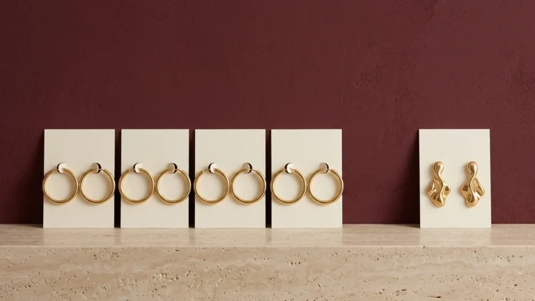Four pairs of identical gold hoop earrings on cream cards in a row, with a single pair of sculpted gold drop earrings set apart on its own card, on a travertine ledge against a burgundy wall