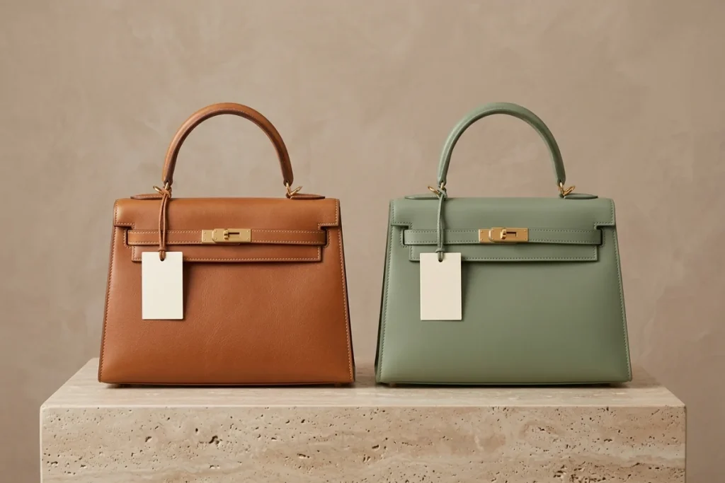 Two structured top-handle handbags in tan and sage green side by side on a travertine plinth, each with a blank swing tag