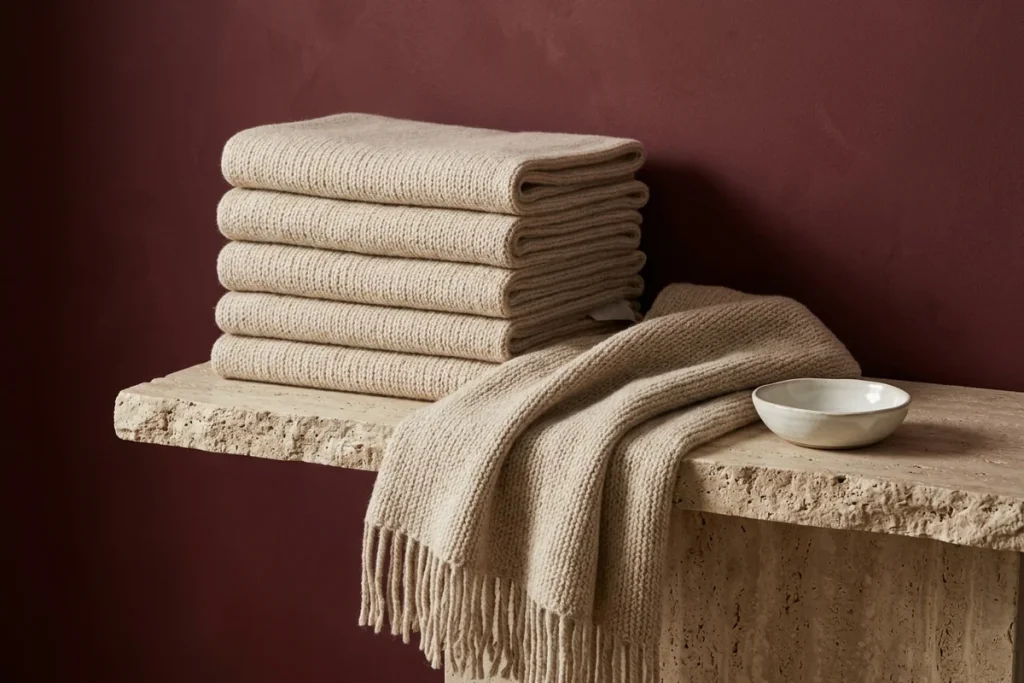 A stack of five identical folded oatmeal wool scarves with one draped over a travertine ledge against a burgundy wall