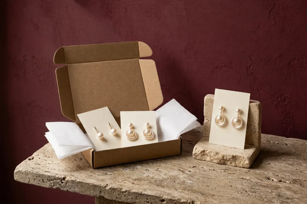 A small open kraft box of pearl drop earrings on blank cards beside a single displayed pair on a travertine riser against a burgundy wall