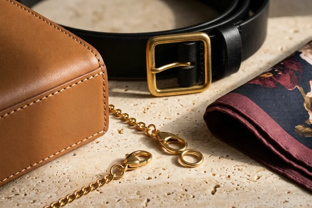 Close-up of the stitched corner of a tan leather bag, a black leather belt with a brass buckle, two gold chains with lobster clasps and a folded printed silk scarf on travertine