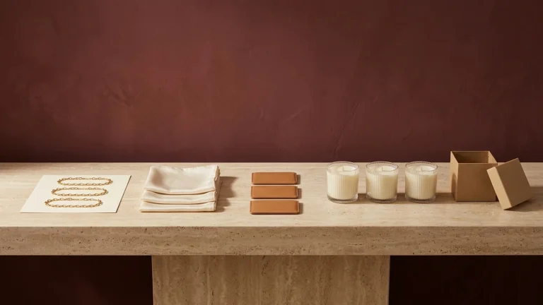 Three gold chain bracelets on a cream card, three folded cream silk scarves, three tan leather card holders, three ribbed glass candles and an open kraft box in a row on a travertine console against a burgundy wall