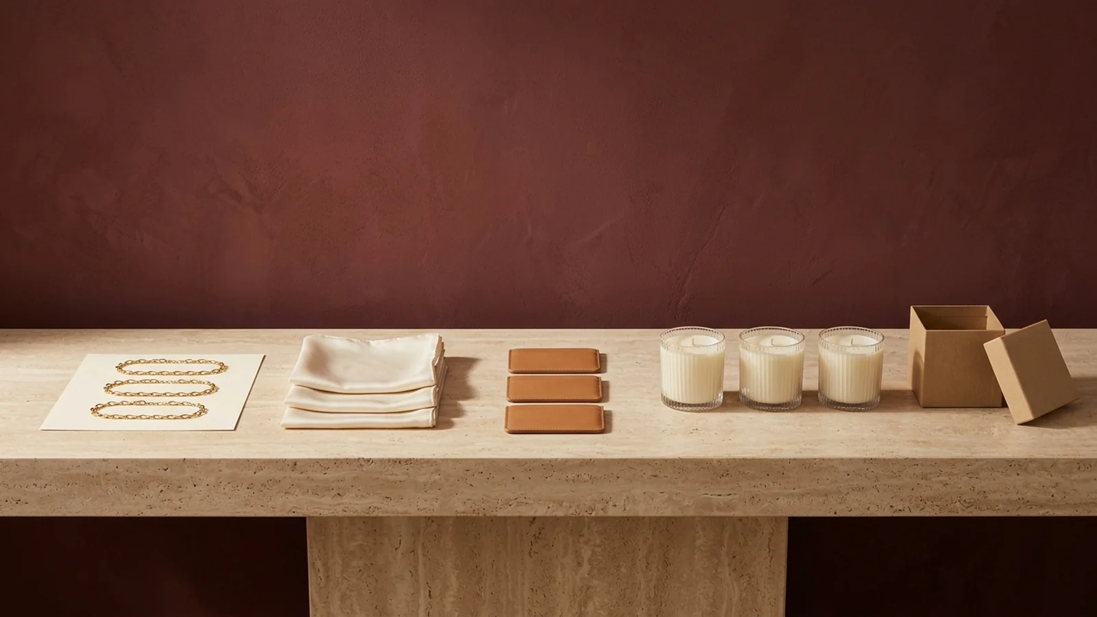 Three gold chain bracelets on a cream card, three folded cream silk scarves, three tan leather card holders, three ribbed glass candles and an open kraft box in a row on a travertine console against a burgundy wall