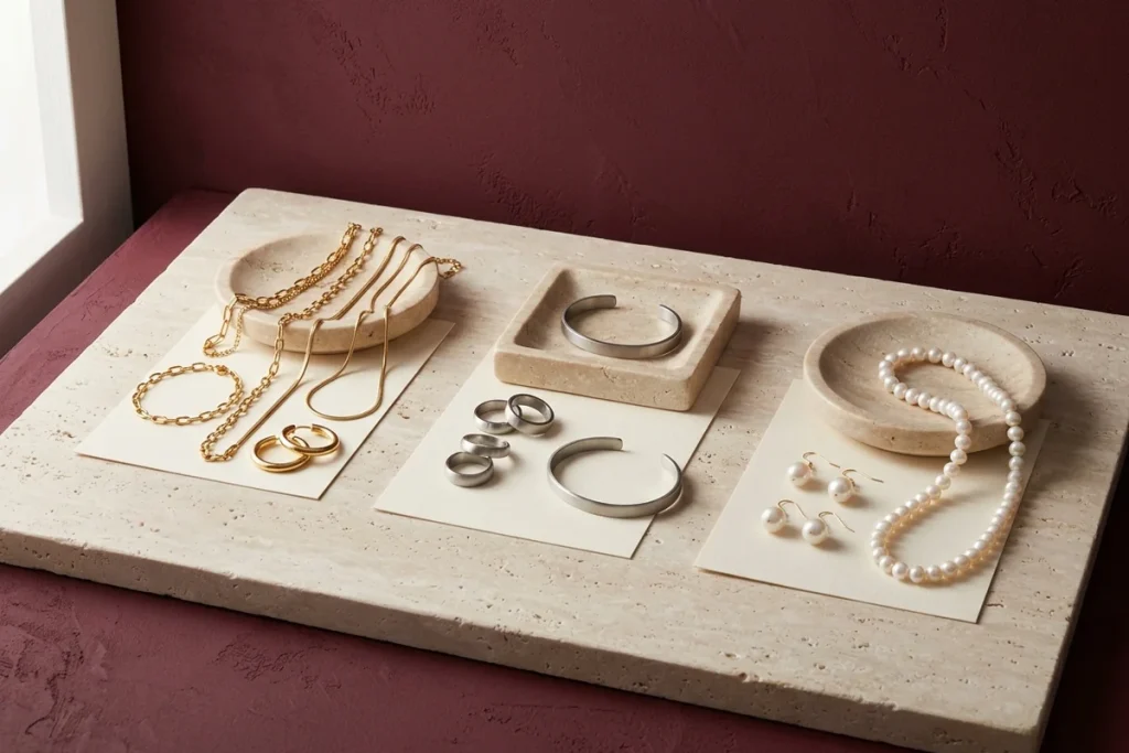 Jewelry sorted into three groups on cream cards and travertine dishes: gold chains and hoops, brushed silver rings and cuffs, and pearl drop earrings with a pearl strand, on a travertine slab against a burgundy wall