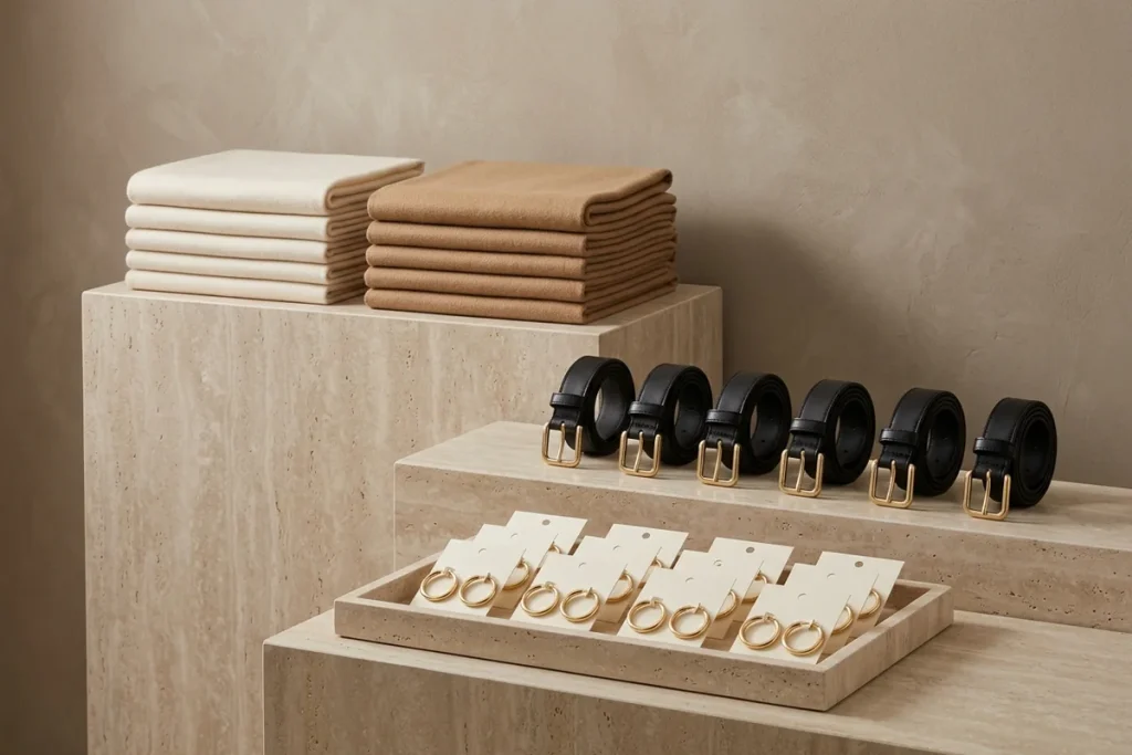 Stacks of folded cream and camel scarves, a row of six black leather belts with gold buckles and a travertine tray of gold hoop earrings on cream cards on stepped travertine plinths against a taupe wall