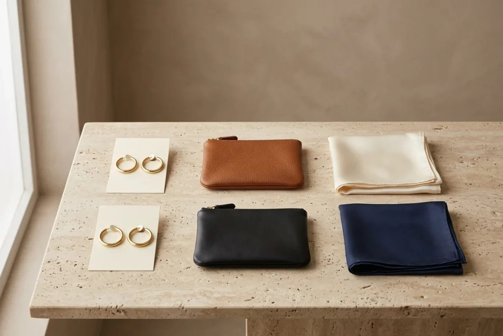 Two pairs of gold hoop earrings on cards, a tan and a black leather zip pouch, and a cream and a navy silk scarf laid out side by side on a travertine table by a window