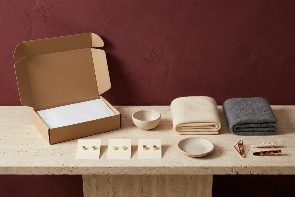 An open kraft mailer box with white tissue beside three pairs of gold stud earrings on cards, two speckled ceramic dishes, folded cream and grey knits and three hair clips on a travertine console against a burgundy wall