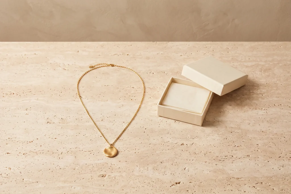 A gold disc pendant necklace laid out flat beside an open blank cream gift box with tissue paper and its lid resting behind it on travertine