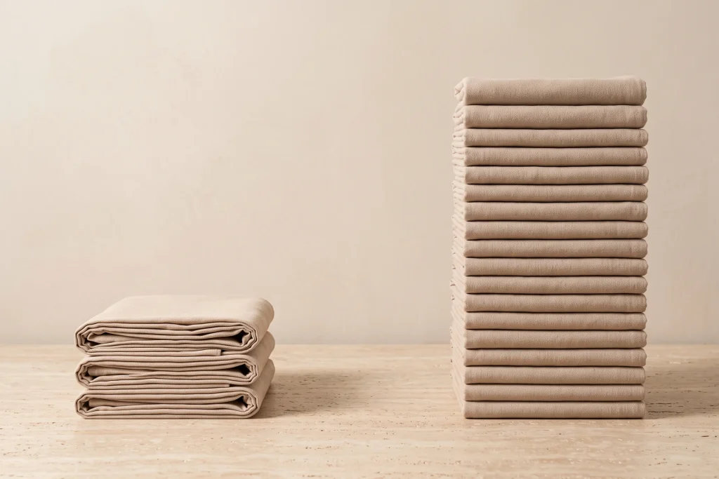 A stack of three folded taupe cotton scarves beside a much taller stack of the same scarves on travertine, showing a test run next to a full run