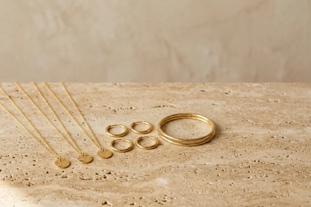 Three identical gold disc pendant necklaces fanned in a row beside two pairs of gold hoop earrings and three stacked gold bangles on travertine