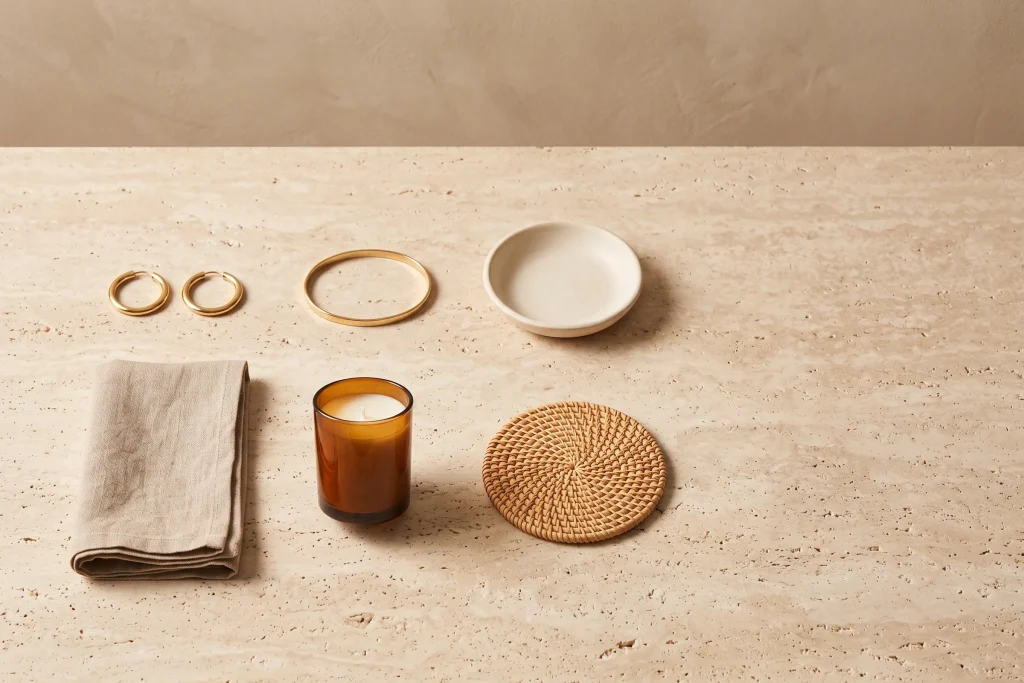 Gold hoop earrings, a thin gold bangle, a shallow cream ceramic dish, a folded taupe linen napkin, an amber glass candle and a woven rattan coaster spaced evenly on travertine