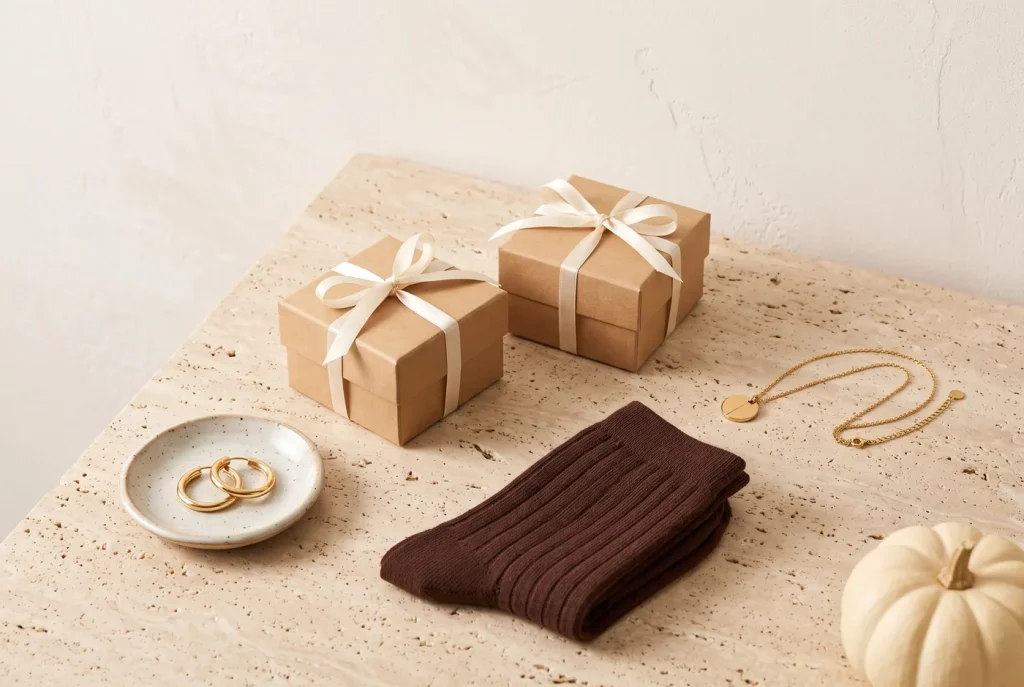 Two ribboned kraft gift boxes, a dish of gold hoop earrings, folded brown socks and a gold coin necklace beside a white pumpkin