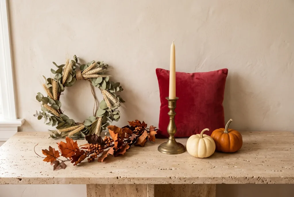 A eucalyptus and wheat wreath, autumn leaf garland, brass candlestick, red velvet cushion and pumpkins on a stone surface