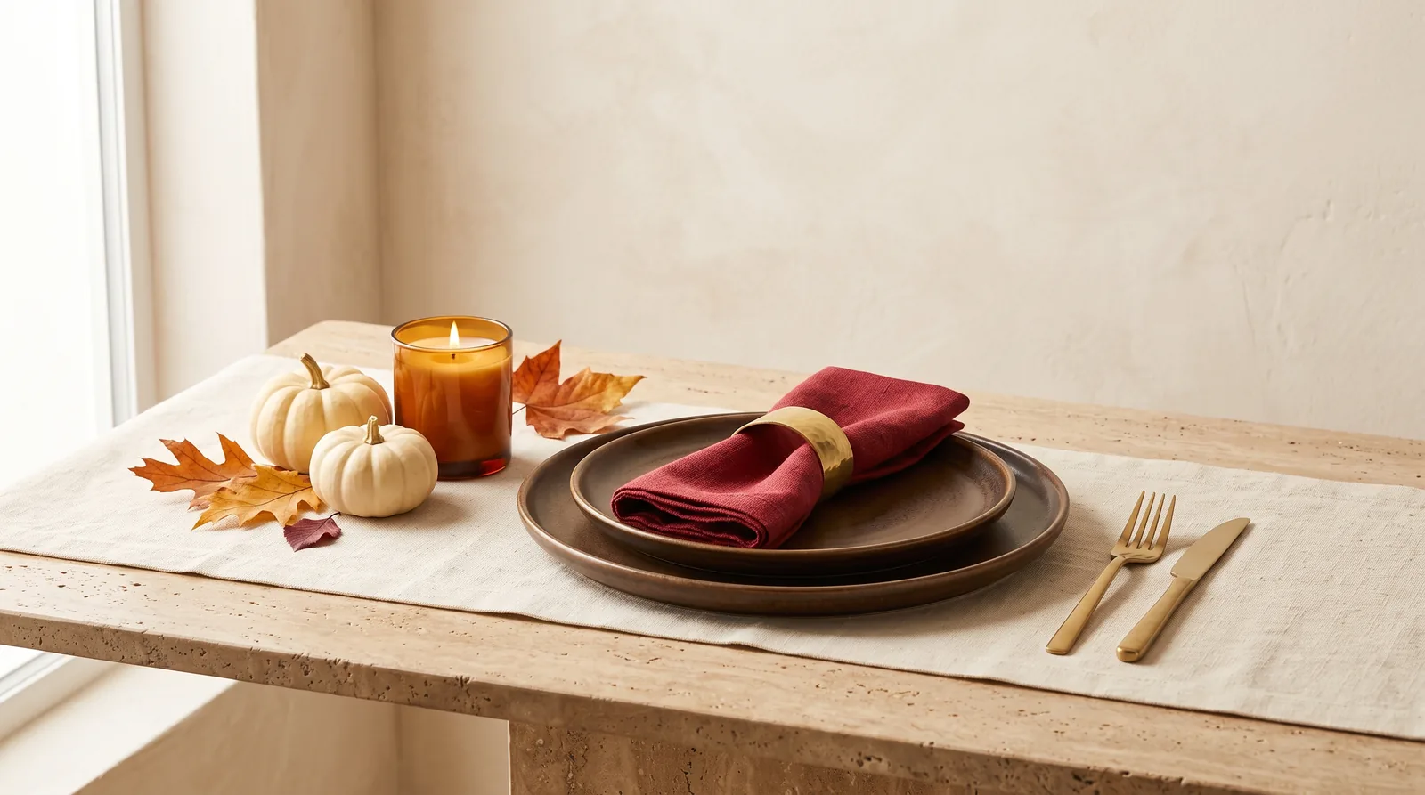 Stacked brown plates with a cranberry napkin in a brass ring, an amber candle, white pumpkins and autumn leaves on a linen runner