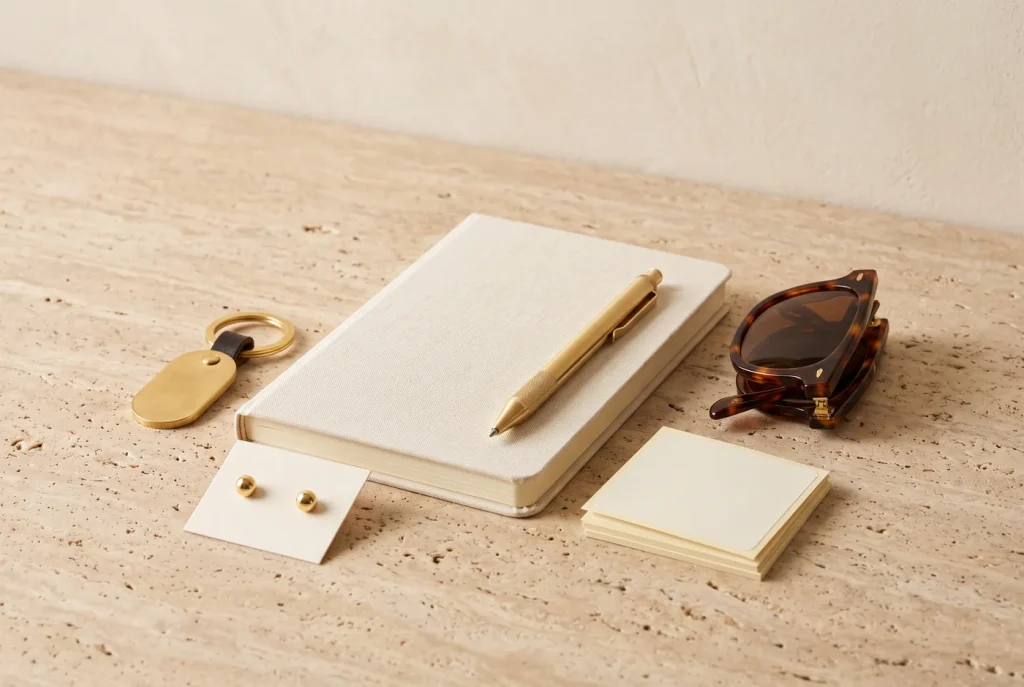 A brass keychain, cream notebook, brass pen, tortoiseshell sunglasses and gold stud earrings grouped on a stone surface