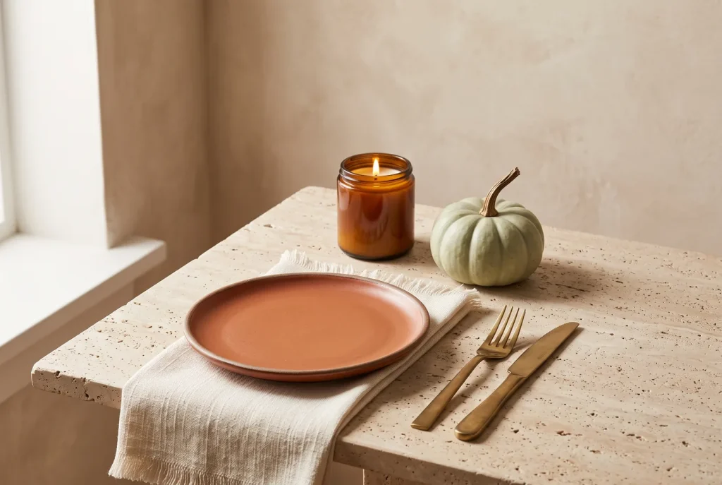A terracotta plate on a fringed napkin with brass cutlery, a lit amber candle and a pale green pumpkin on a stone surface