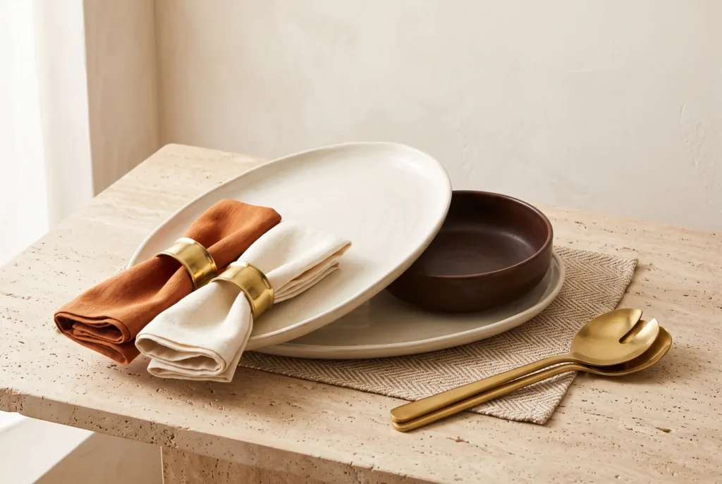 A cream serving platter, brown bowl, rust and cream napkins in brass rings and brass serving spoons on a stone surface