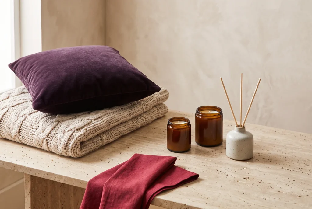 A purple velvet cushion on a cream knit throw with two amber candles, a reed diffuser and a red linen napkin