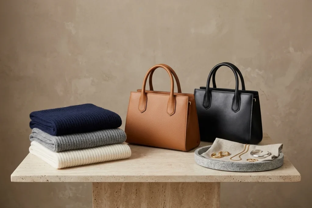 Stacked knit scarves in navy, grey and cream beside tan and black leather top-handle bags and a stone tray of gold and silver jewelry on linen, on a travertine table against a taupe wall