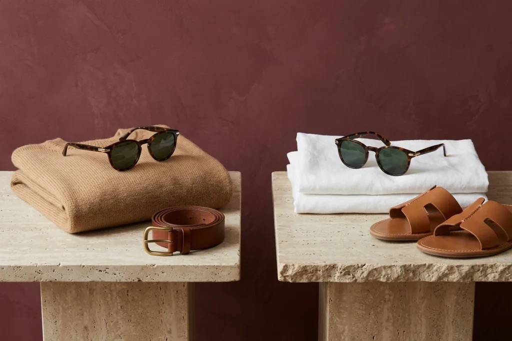 The same tortoiseshell sunglasses styled twice on travertine plinths, on a camel knit sweater with a brown leather belt, and on folded white linen beside tan leather sandals, against a burgundy wall