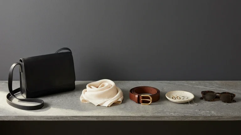 A black leather crossbody bag, a loosely folded cream silk scarf, a coiled brown leather belt with a gold buckle, a speckled ceramic dish holding gold earrings and a fine chain, and tortoiseshell sunglasses in a row on a grey stone ledge against a charcoal wall