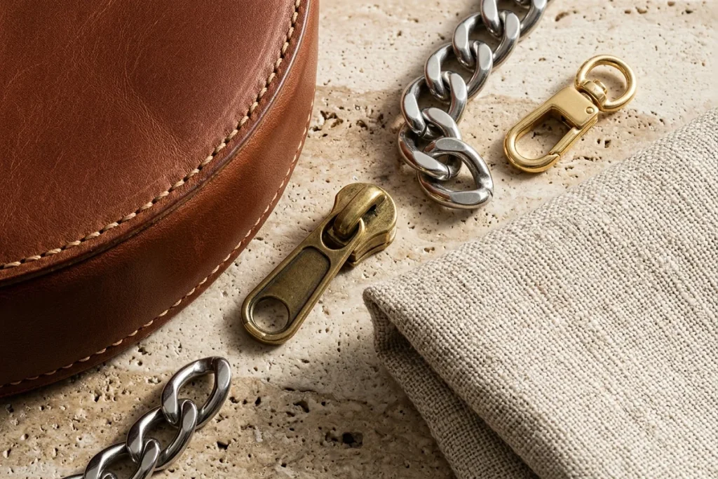 Close-up of a stitched brown leather bag beside a silver curb chain, a brass zipper pull, a gold swivel clasp and folded natural linen on travertine