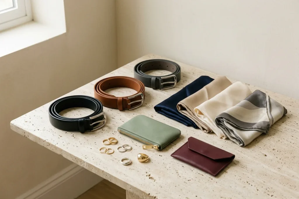 Leather belts in black, tan and grey, silk scarves in navy, beige, cream and grey, a sage zip pouch, a burgundy card holder and gold and silver rings laid out on a travertine table by a window
