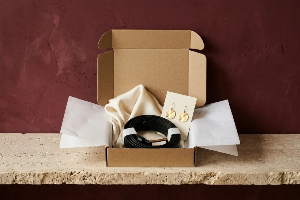 An open kraft mailer box with a cream silk scarf, a coiled black leather belt and hammered gold disc earrings on a blank card in white tissue, on a travertine ledge against a burgundy wall