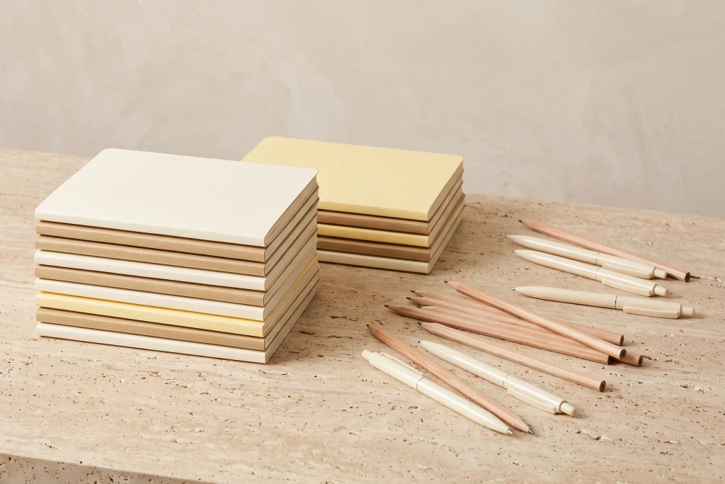 Two stacks of blank cream and kraft notebooks beside scattered wooden pencils and cream pens on travertine, sorted for a class order