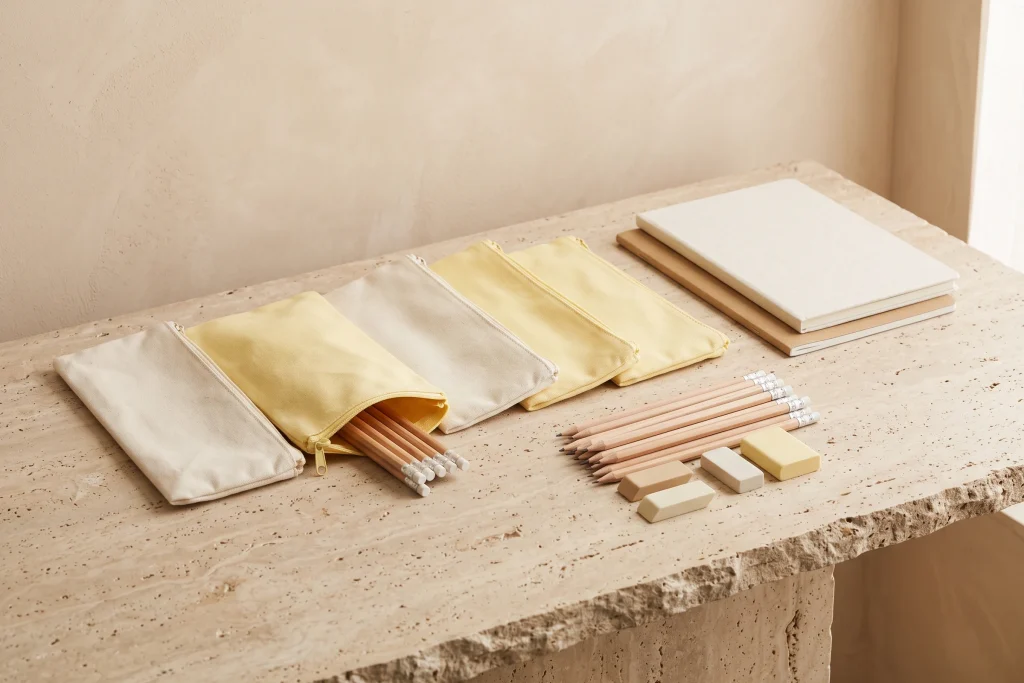 Five blank cream and pale yellow pencil pouches, one open with pencils inside, beside loose pencils, erasers and notebooks on travertine