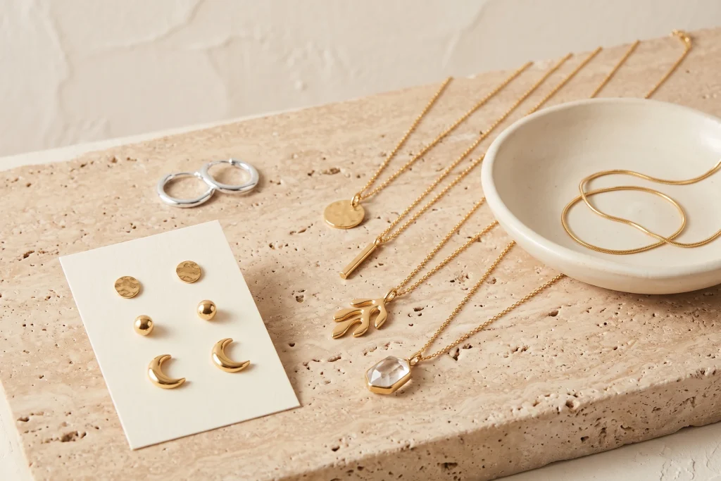 Gold stud earrings on a card beside silver hoops, five gold chain necklaces with different pendants, and a dish of snake chains