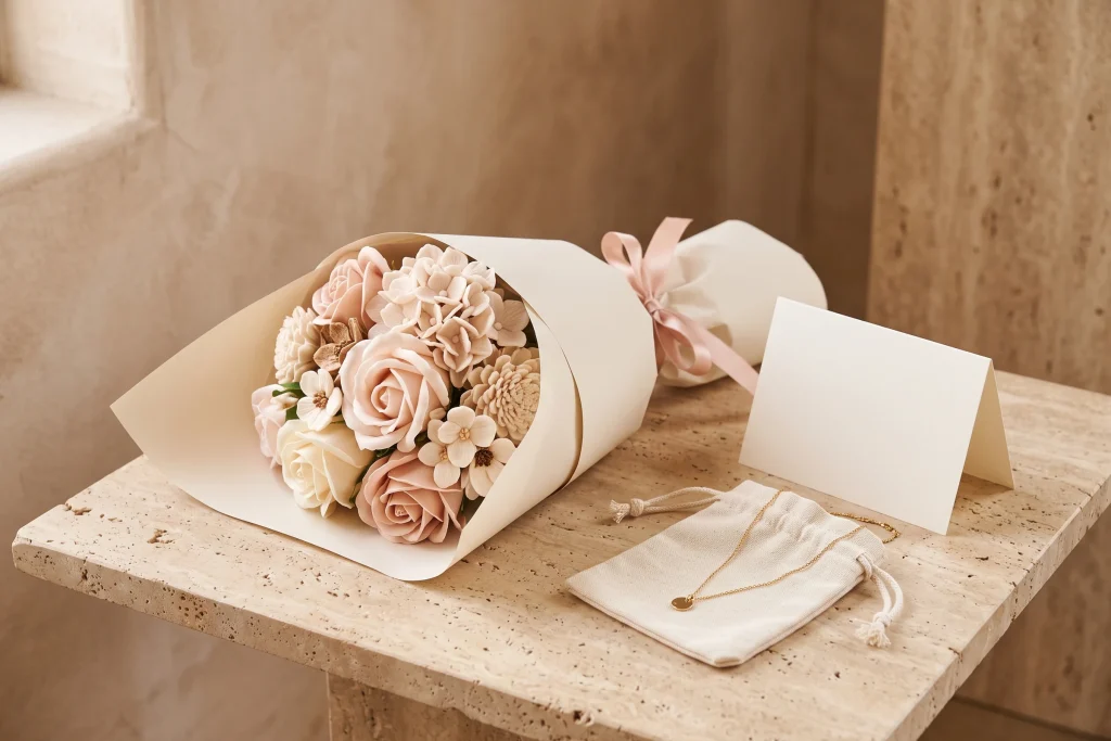 A blush and cream soap flower bouquet in cream wrapping beside a canvas pouch with a gold disc necklace on it and a blank folded card