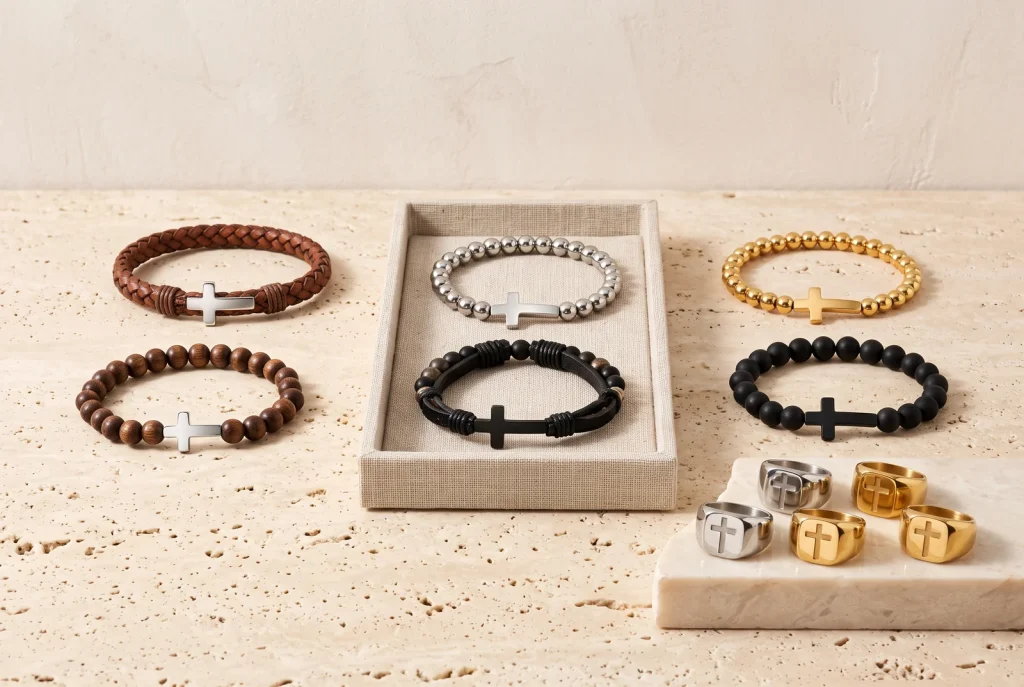 Six men's cross bracelets in braided leather, wood, steel, gold tone and matte black on travertine, with silver and gold cross signet rings on a marble slab