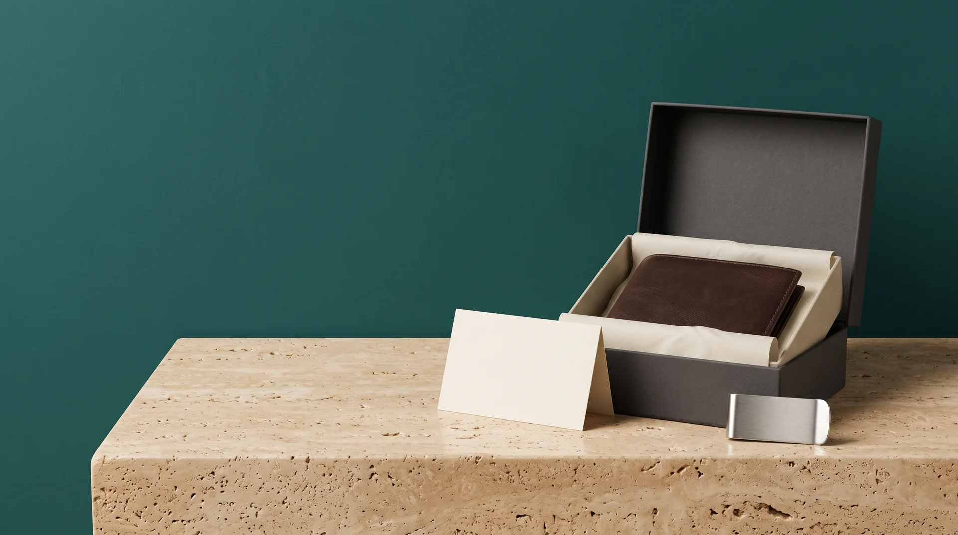 An open charcoal gift box on a travertine ledge holding a brown leather wallet and a brushed silver money clip, with a blank cream card propped in front