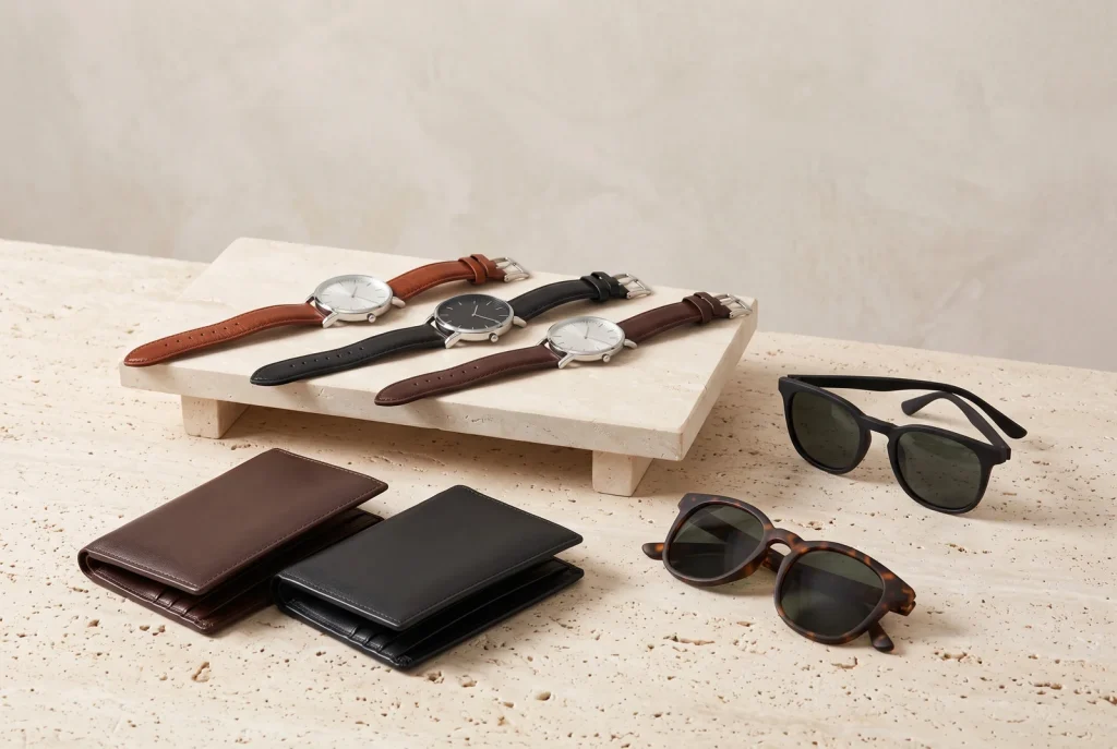 Three men's watches on leather straps on a travertine riser above two folded leather wallets in brown and black, with black and tortoiseshell sunglasses