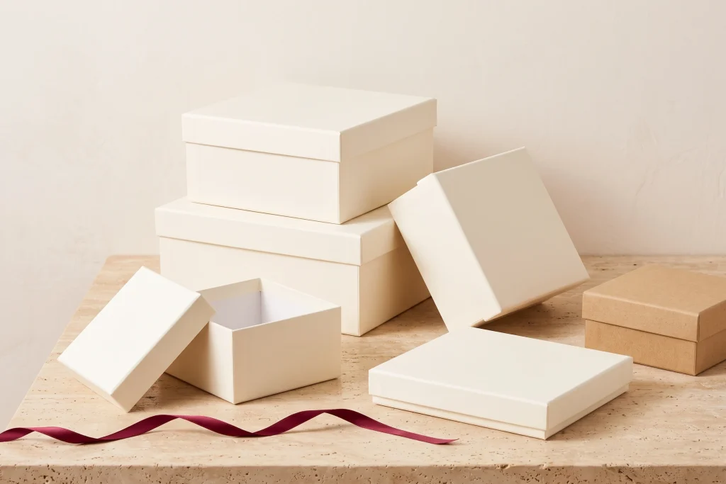 Rigid ivory gift boxes in four sizes grouped on travertine, one open and empty, with a small kraft box and burgundy ribbon