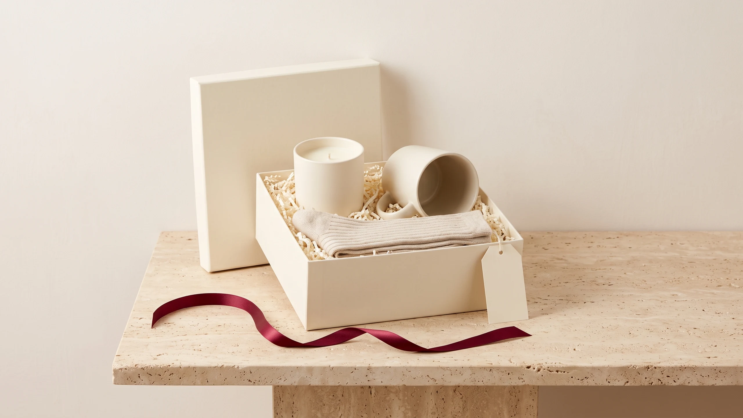 An open ivory gift box lined with cream filler holding a candle, a stoneware mug and folded knit socks, with burgundy ribbon
