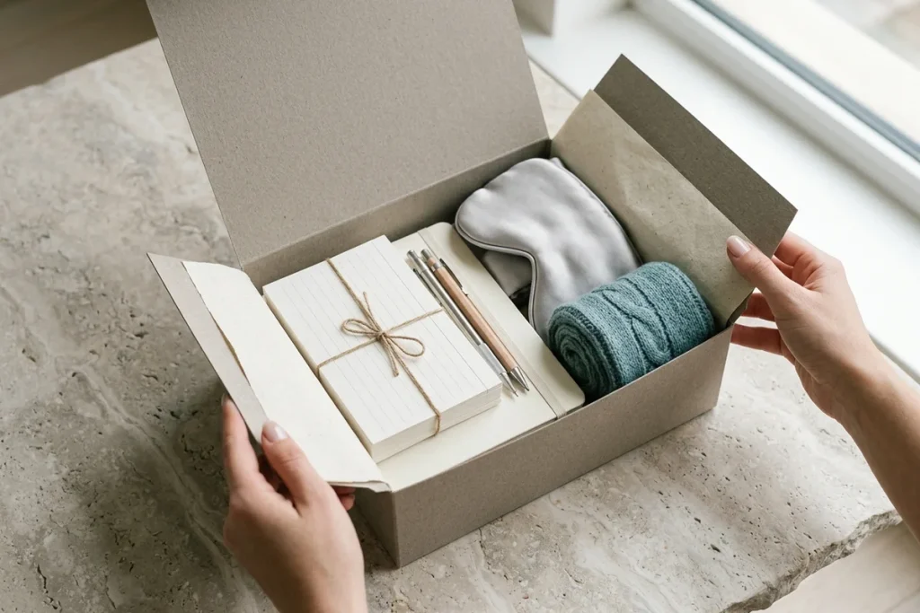 Hands holding an open college care package filled with stationery, flashcards, an eye mask, and cozy socks