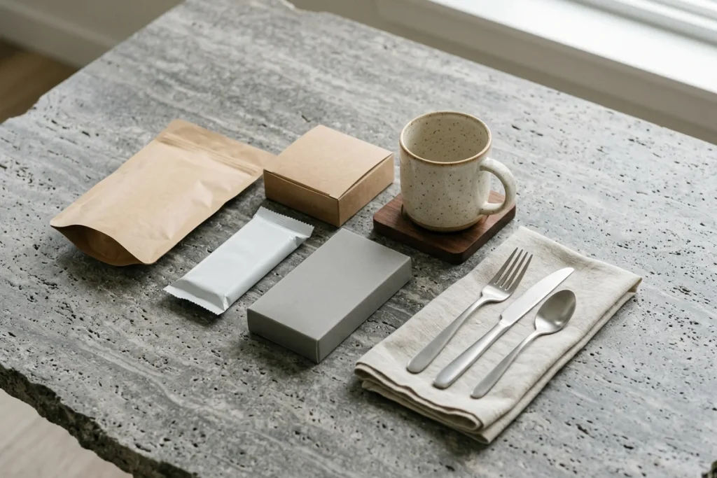 Assortment of snacks, a mug, and utensils arranged for a college care package