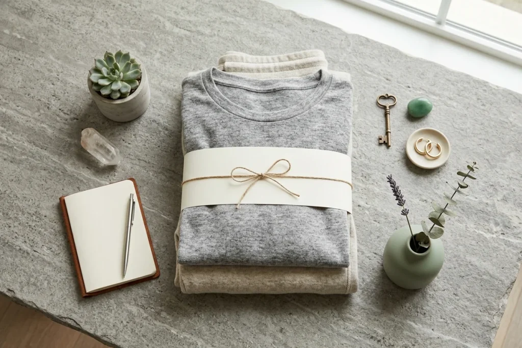 Trinkets, folded loungewear, and dorm decor styled together for a college care package