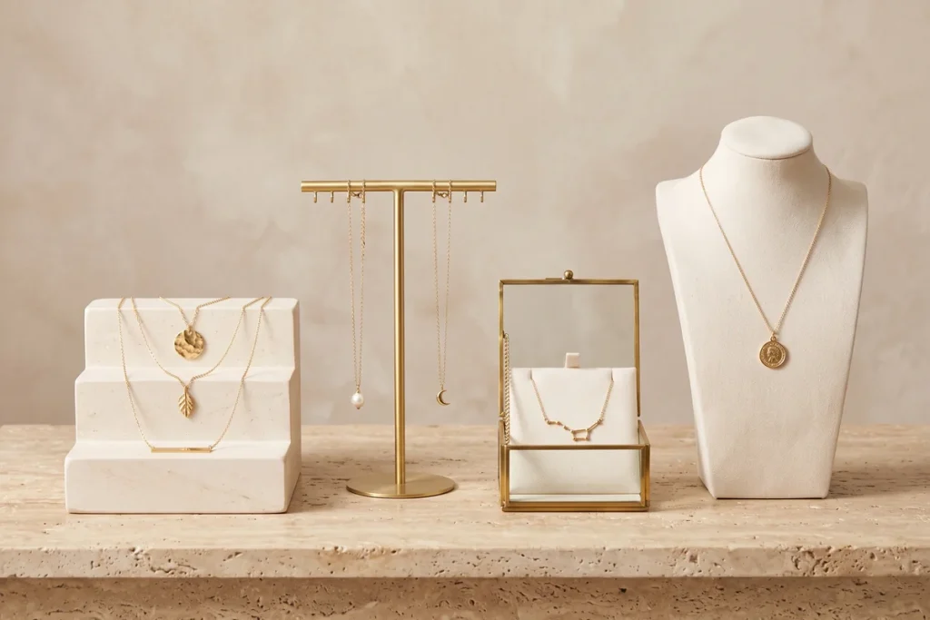 Gold necklaces displayed on a stepped stone riser, a brass T-bar stand with hooks, a glass-front box and a cream velvet bust on travertine