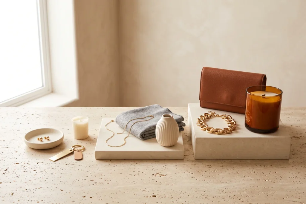 Gold studs, a brass keychain and a small votive on travertine, a grey scarf, gold chain and ribbed vase on a low riser, and a leather clutch, chunky gold bracelet and amber candle on a taller riser
